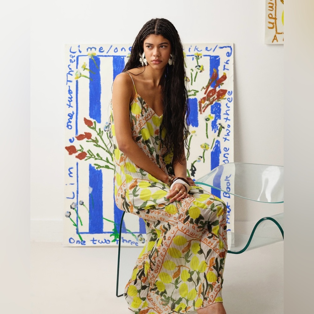 Topshop Lemon Print Maxi Dress Size 12 Spaghetti Strap Lined Vacation